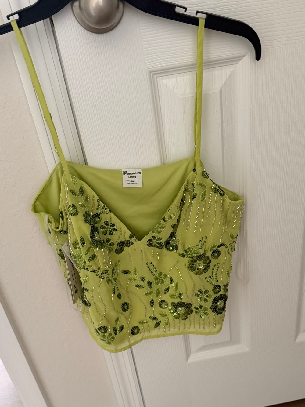 No Boundaries Lime Green Beaded Spaghetti Strap Crop Top
